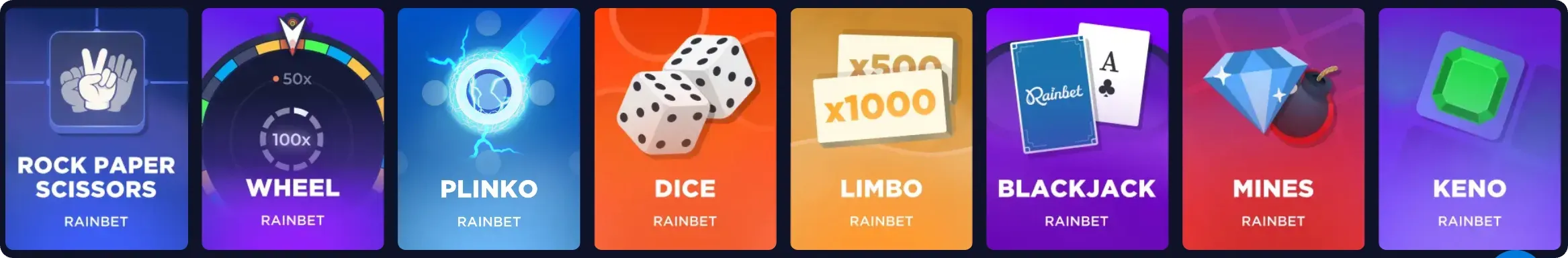 Selezione giochi disponibili su Rainbet Casino - Slot, Live Casino e Tavoli